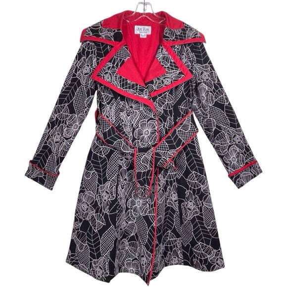 Vintage AN REN Jacket Size Medium Floral Black Red Linen Long Coat Wearable Art - Picture 1 of 16